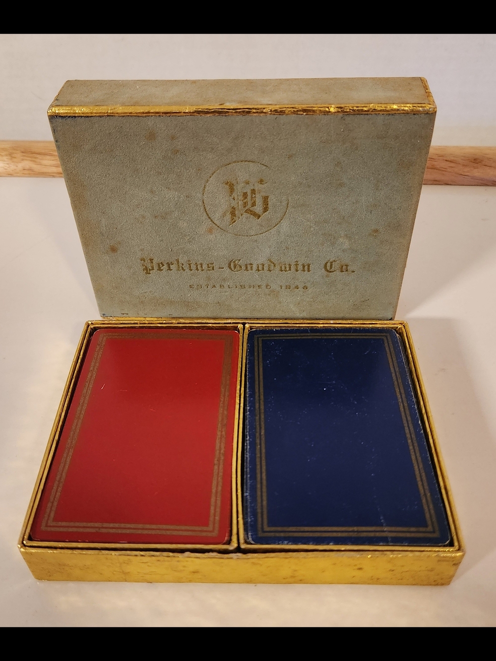 Vtg Perkins-Goodwin Co Playing Cards Double Deck Boxed Set Red Blue Gold Trim